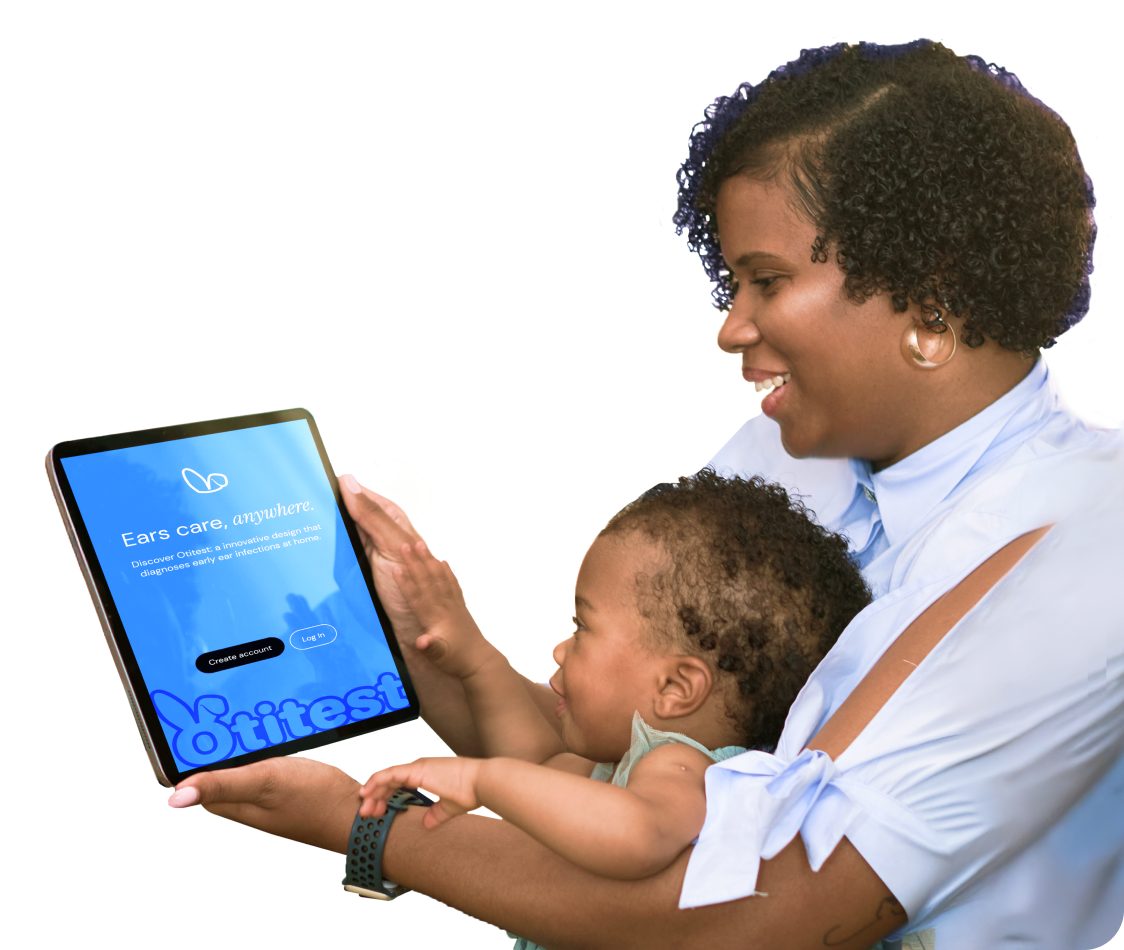 Mom with daughter holding Otitest tablet app